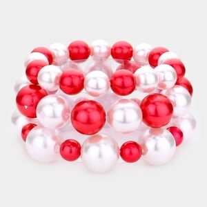 White and Red Pearl Strand 3 pcs Stacked Stretch Bracelets Statement Accessory